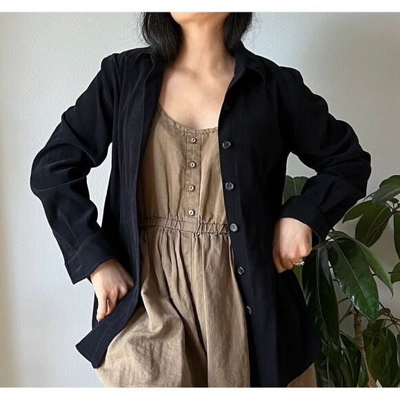 vtg 90s y2k suedelike black button down shirt classic tailored boho blouse small - Picture 6 of 10